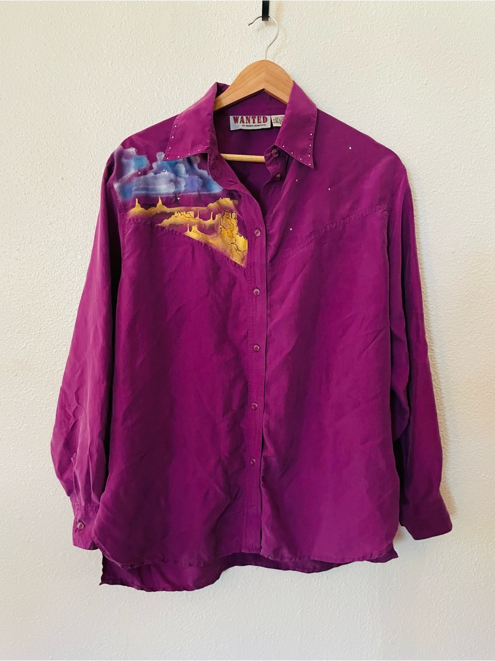 Vintage Purple Button-Up Blouse with Painted Accent 100% Silk Southwestern